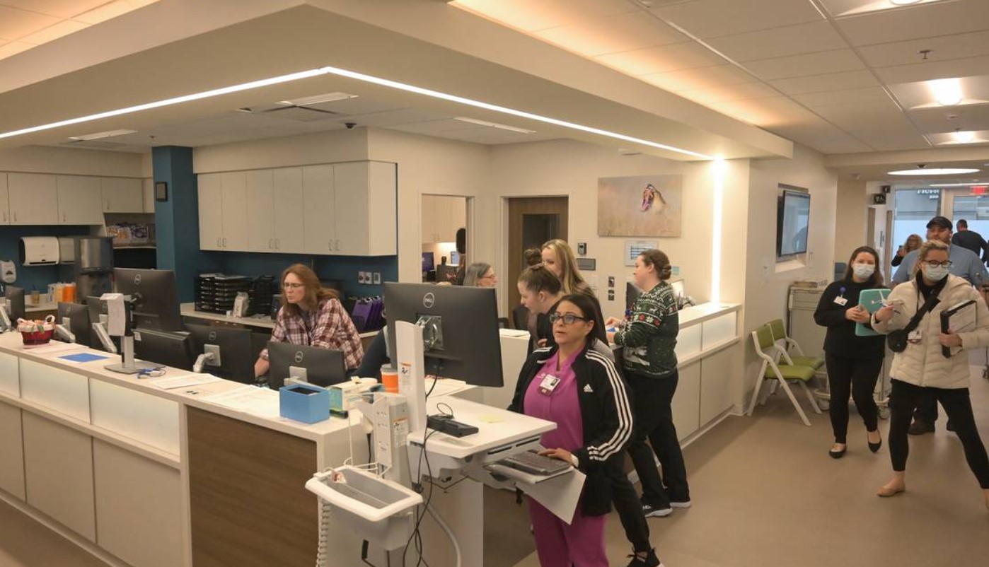 The main nurses station at the new Multicare Lacey Emergency bustles with activity as staff continue set-up and training procedures on Dec. 12, 2023. STEVE BLOOM The Olympian