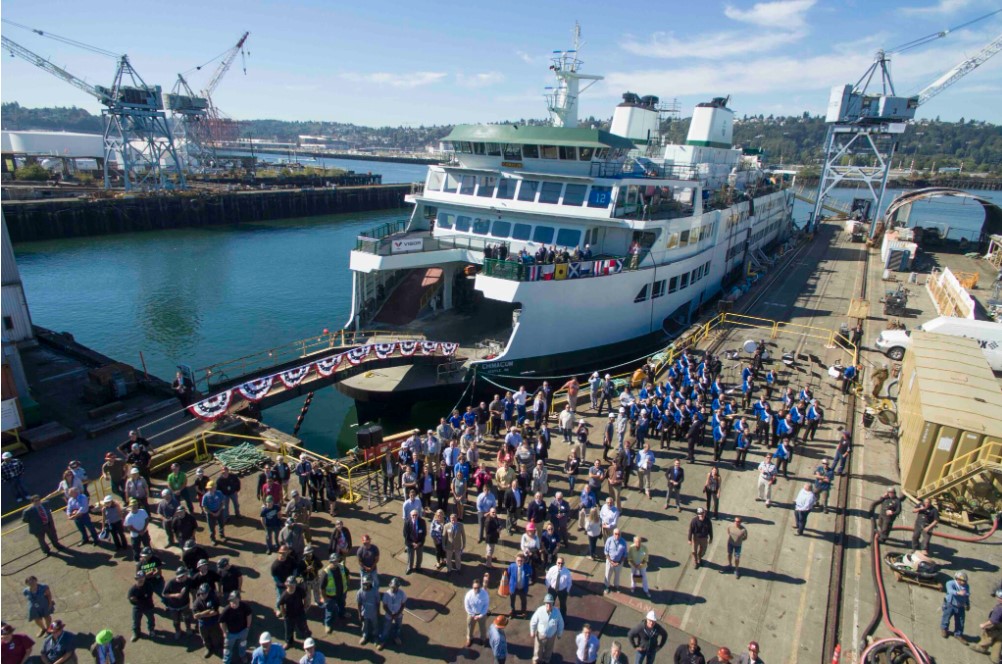 The MV Chimacum, seen here at her 2016 christening in Seattle, is an Olympic class vessel similar in design to the new plug-in ferries coming next to the WSF fleet. (Photo courtesy of Washington State Department of Transportation)