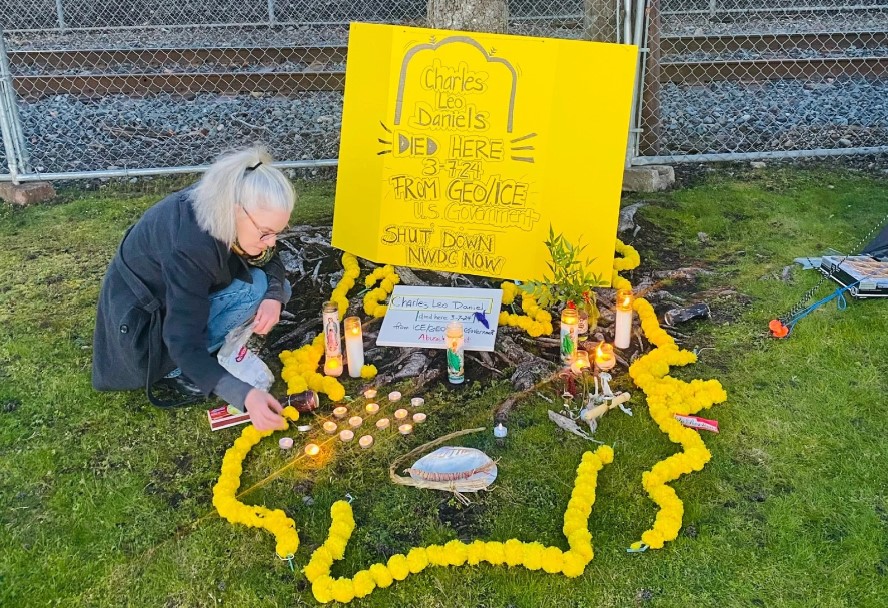 A vigil at the Northwest ICE Processing Center in Tacoma for Charles Leo Daniel, who died earlier this month at the facility and who was held in solitary confinement for possibly close to 4 years.