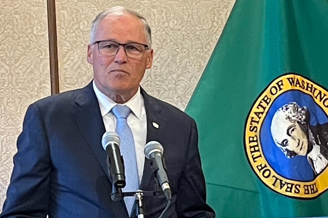 Washington Gov. Jay Inslee, discusses his proposed supplemental budget plan on Dec. 13, 2023 in Olympia, Wash. (Jerry Cornfield/Washington State Standard)