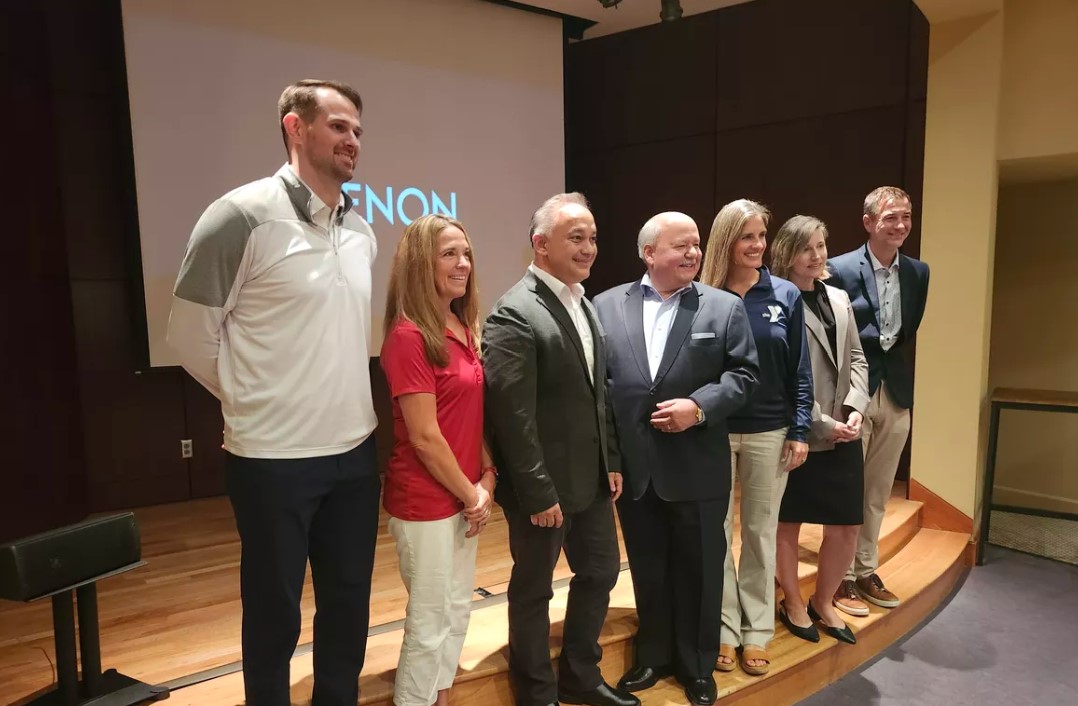 Spokane Hoopfest Association Director Riley Stockton (left), Parasport Spokane Director Teresa Skinner, Washington state Secretary of Health Dr. Umair A. Shah, Spokane Regional Health District health officer Dr. Francisco R. Velazquez, YMCA Vice President Christine Brischl, Greater Spokane Incorporated Vice President Erin Vincent and Spokane Schools Superintendent Dr. Adam Swinyard speak Friday at the Eastern Washington launch of Be Well WA. (Amanda Sullender / The Spokesman-Review)