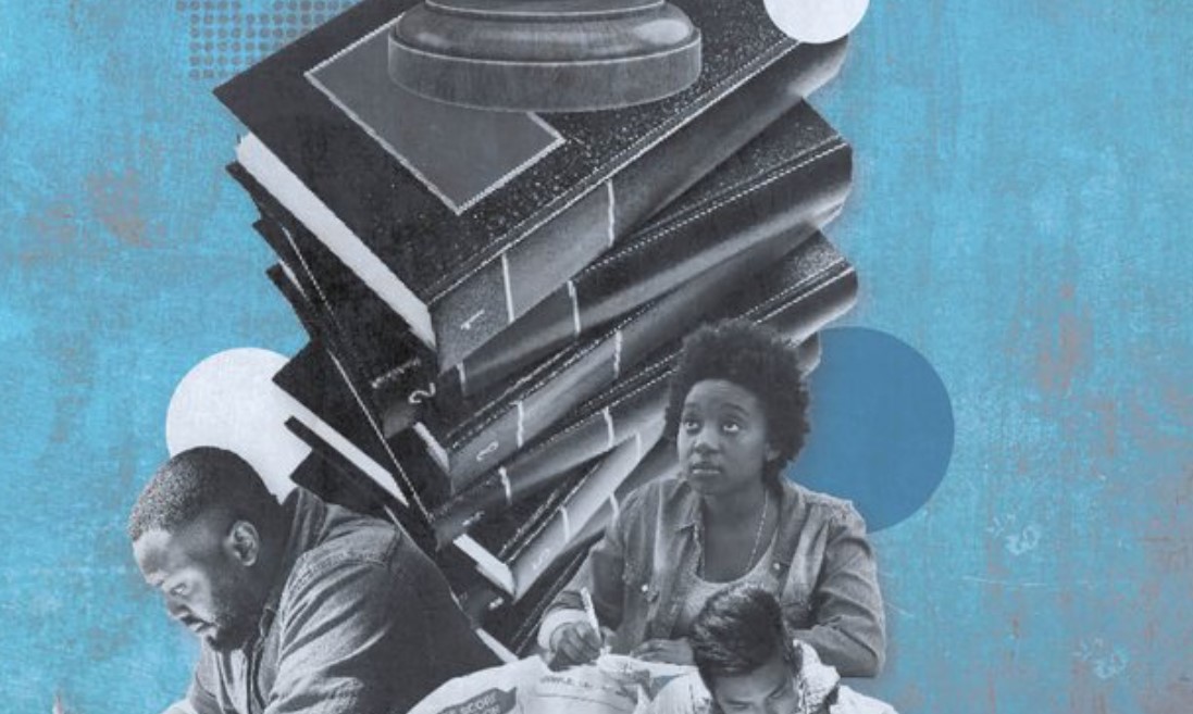 Photo of three students studying or taking the bar exam imposed over a blue and gray background.