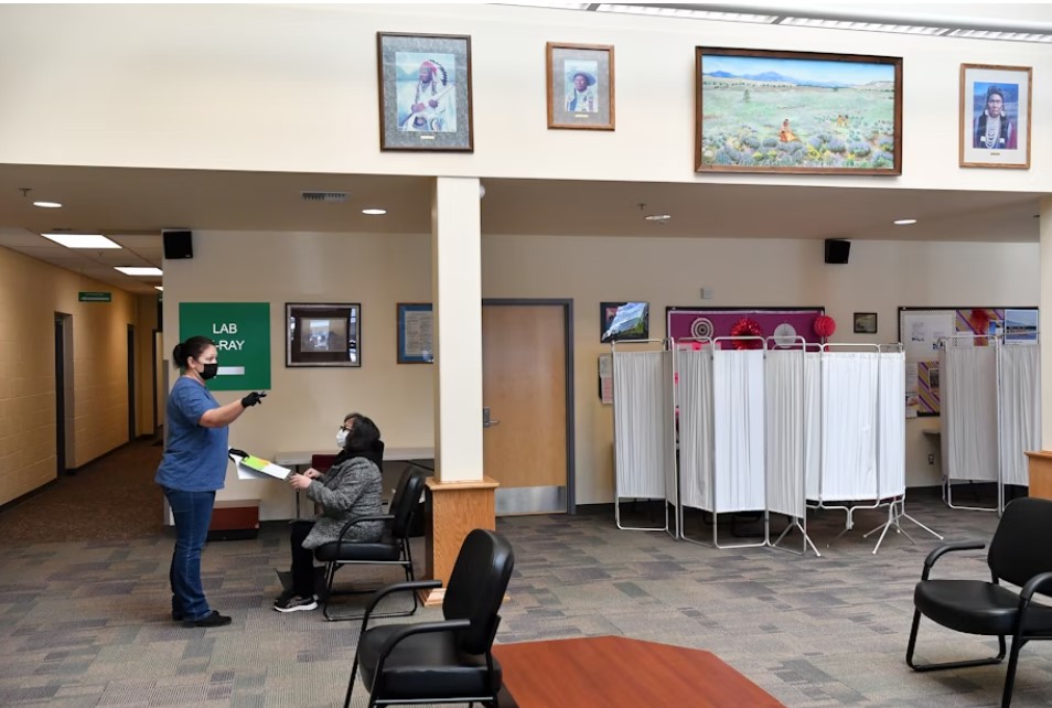 A citizen of the Confederated Tribes of the Colville Reservation waits for her Covid-19 vaccination in this 2021 photo at Colville Tribes Indian Health in Nespelem, Washington. The Indian Health Service has a single doctor for the reservation, serving a population of about 5,000.