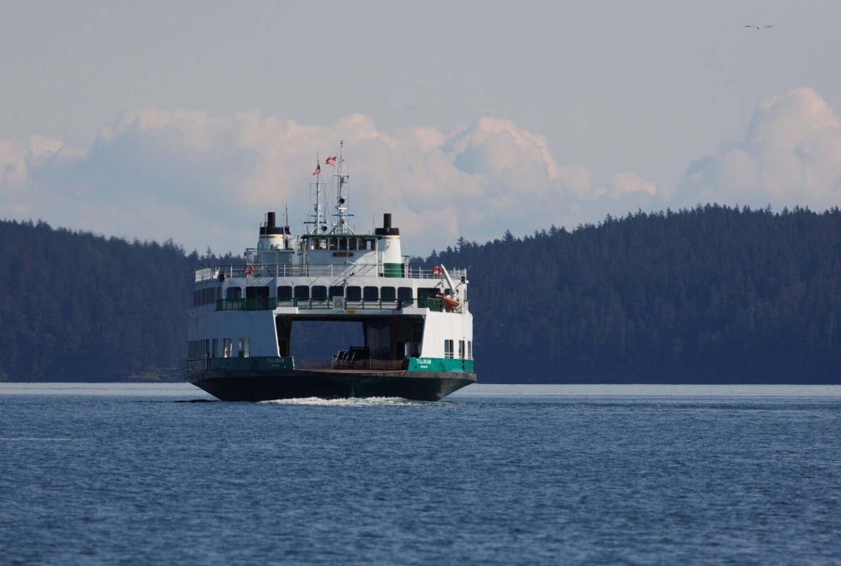 Passengers head toward Anacortes on the San Juan ferry route aboard the Tillikum on April 14. The interisland route was awarded $1.5 million in emergency funding by Gov. Jay Inslee on Tuesday, Sept. 17. (Andy Bronson/Cascadia Daily News)