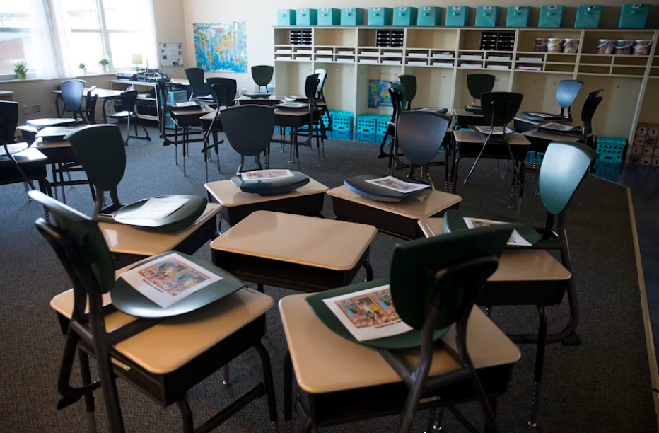 An empty classroom is shown on the first day of school at Mount View Elementary school on Thursday, Sept. 2, 2021, in Seattle.