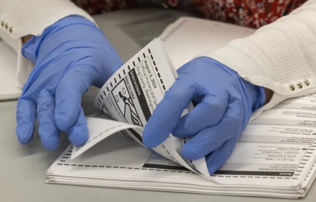 Ballots are counted at King County Elections headquarters after the August primary. (Ellen M. Banner / The Seattle Times)