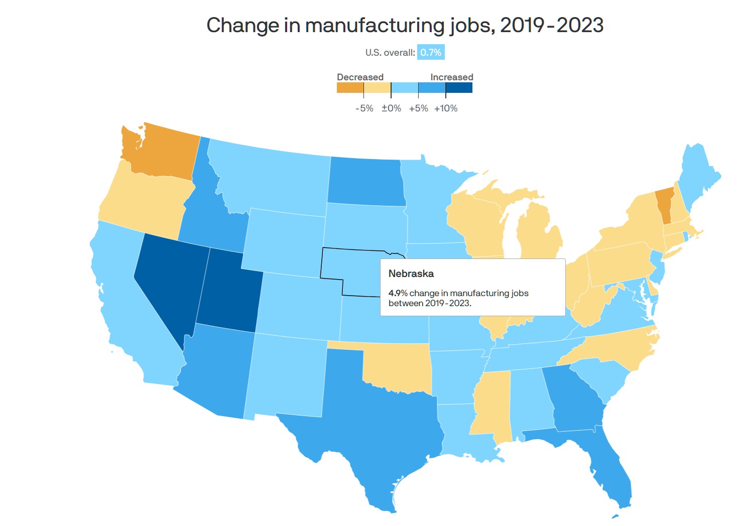 Data: U.S. Bureau of Labor Statistics; Map: Alex Fitzpatrick/Axios