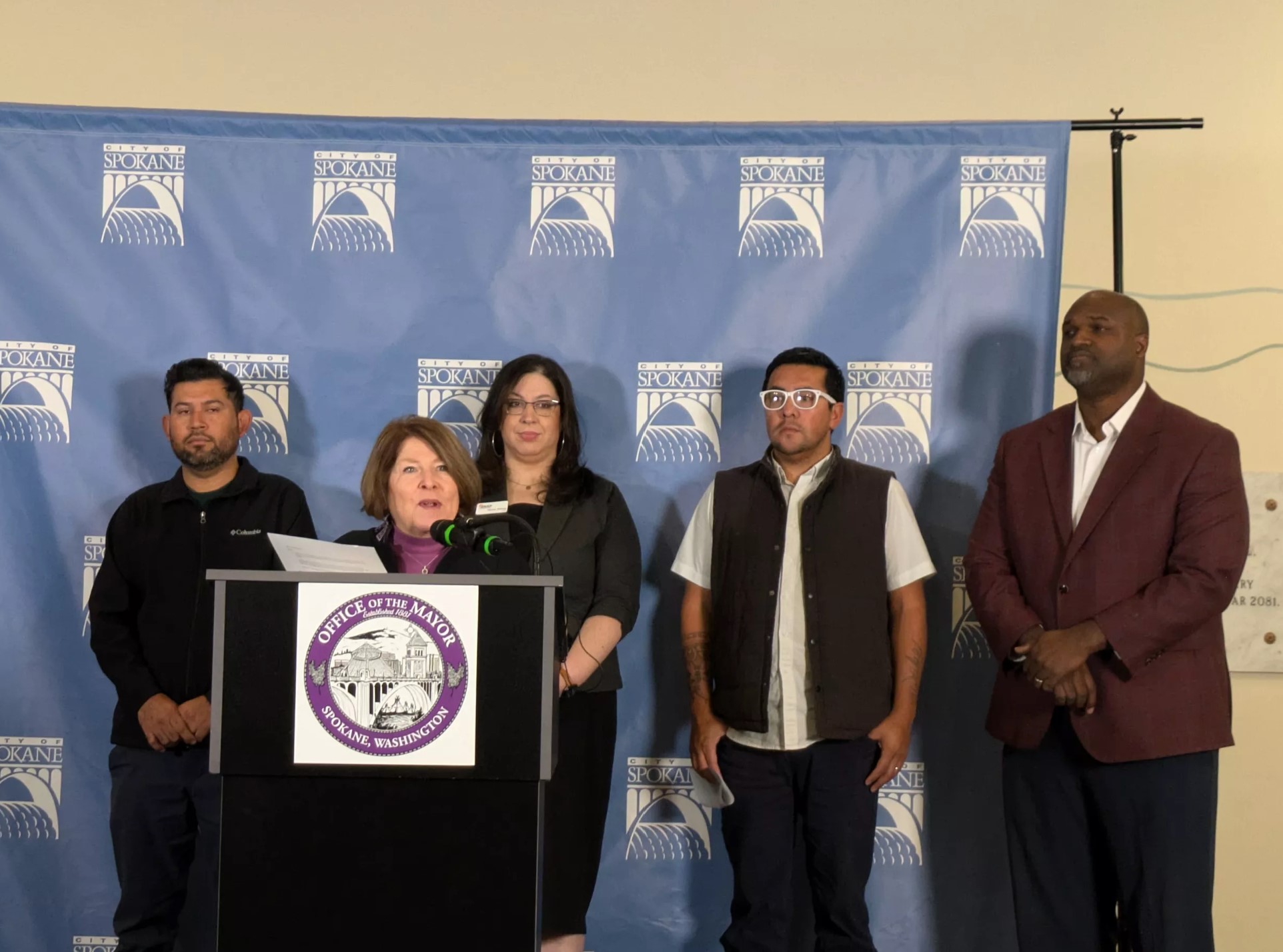 Mayor Lisa Brown encouraged Spokane residents to apply for the Working Family Tax Credit at a news conference on Friday. (Emry Dinman/The Spokesman-Review)