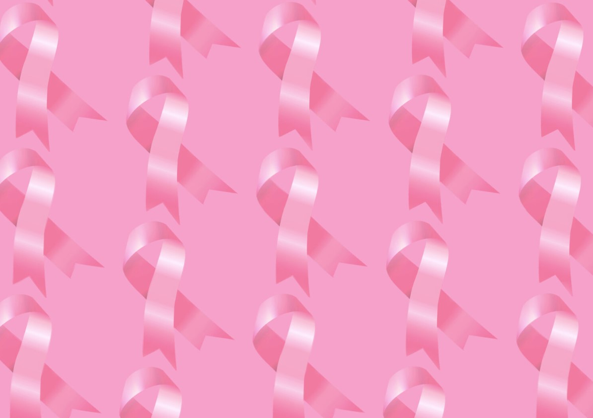 Pink background with breast cancer ribbon tiled across