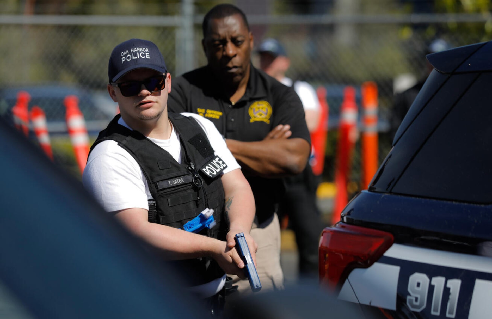 New police recruits practice traffic stop arrests at Washington’s Criminal Justice Training Center in Burien, April 2, 2024. Washington provides police officers with just one hour of training on handling hate crimes throughout their 720-hour basic police academy training despite recent rises in hate crimes or acts of discrimination. (Genna Martin/Cascade PBS)