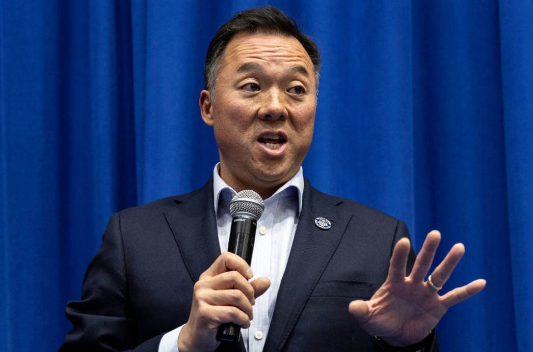 Connecticut Democratic Attorney General William Tong speaks at a public meeting in Stamford, Conn., after this month’s election. Tong and other officials in blue states are vowing to build a “firewall” of reproductive health protections as they anticipate federal and state attacks on abortion access under the Trump administration. (John Moore/Getty Images)