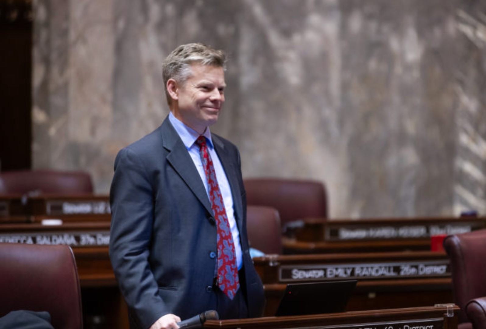 State Sen. Jamie Pedersen, D-Seattle, talks on the Senate floor in January 2024. (Legislative Support Services)