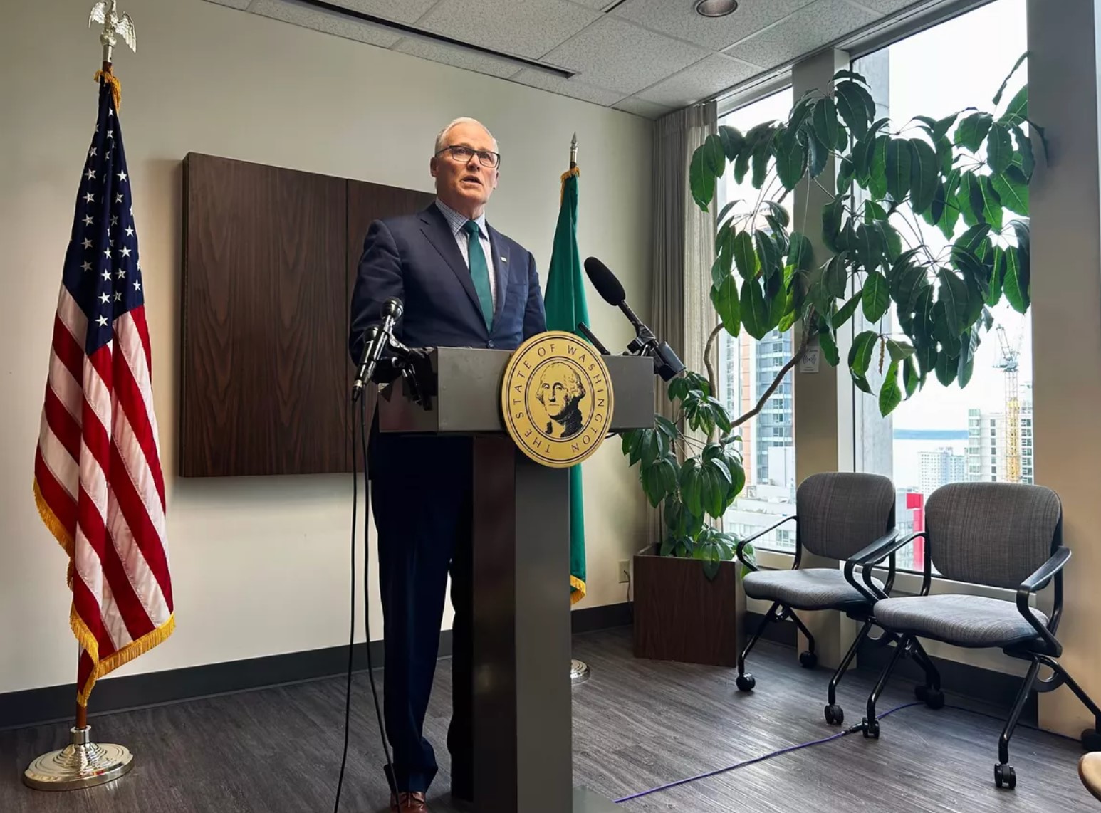 Washington Gov. Jay Inslee speaks on Wednesday at a news conference in downtown Seattle hours after former President Donald Trump was elected to be the 47th president of the United States. (Ellen Dennis / The Spokesman-Review)