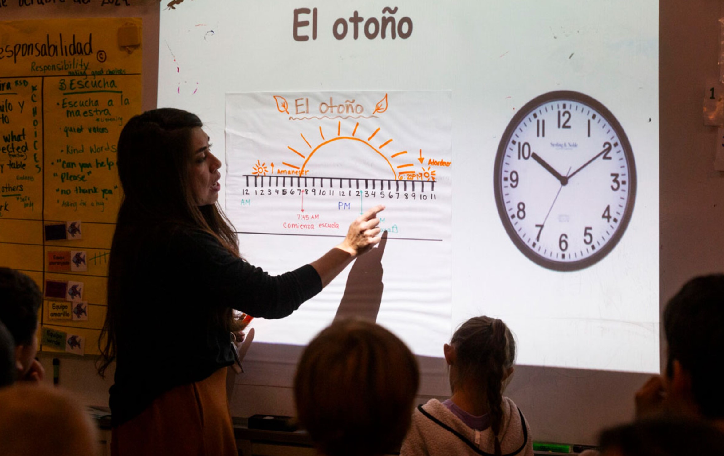 Guadalupe Zavala teaches her first graders about time in Spanish at Lewis and Clark Elementary School (Credit: Jacob Ford / Wenatchee World)