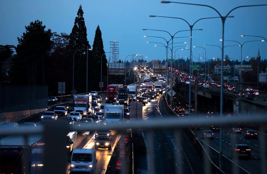 Traffic is shown heading south on I-5 toward downtown Seattle on Tuesday, November 5, 2024.