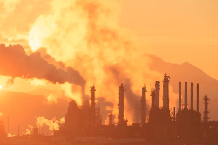 Mount Baker looms behind Shell’s Puget Sound Oil Refinery near Anacortes, Washington.