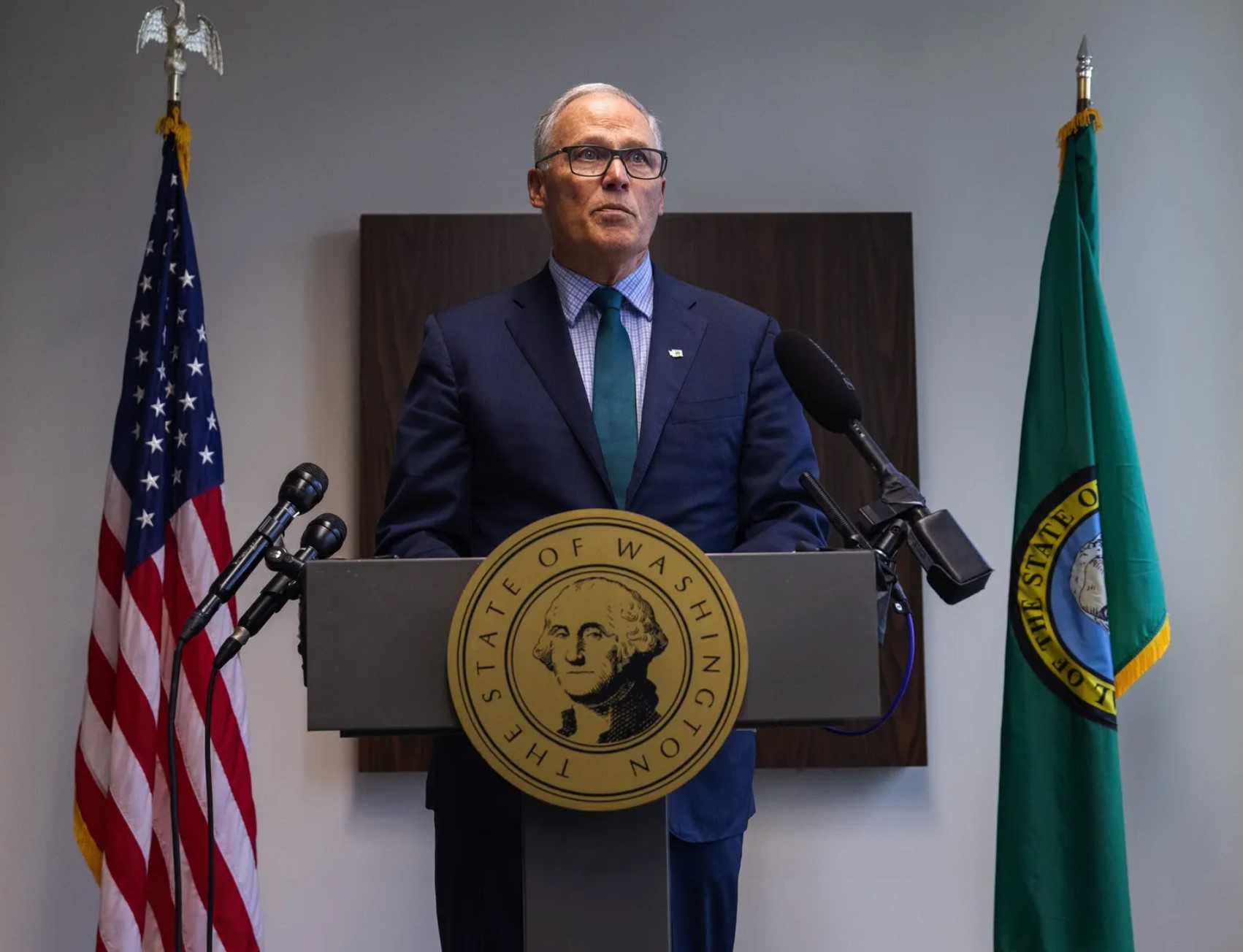 Washington Governor Jay Inslee at a post-election press conference, Wednesday, Nov. 6, 2024 in downtown Seattle. (Ken Lambert / The Seattle Times)