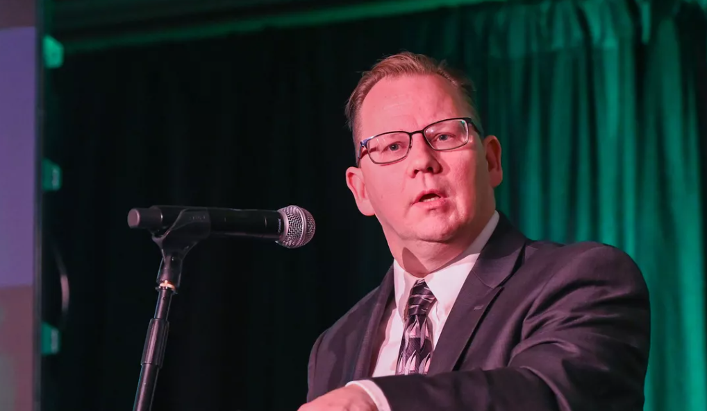 Chris Reykdal, the Washington state Superintendent of Public Instruction, debates opponent David Olson (not shown) in front of the meeting of the Association of Washington Business on Sept. 18 at the Davenport Hotel. (Jesse Tinsley/THE SPOKESMAN-REVIEW)