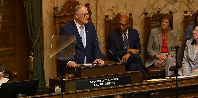 Washington Gov. Jay Inslee on Tuesday, Jan. 14, 2025, delivered his final State of the State address. His comments about President-elect Donald Trump elicited jeer from Republican lawmakers. By Pete Caster