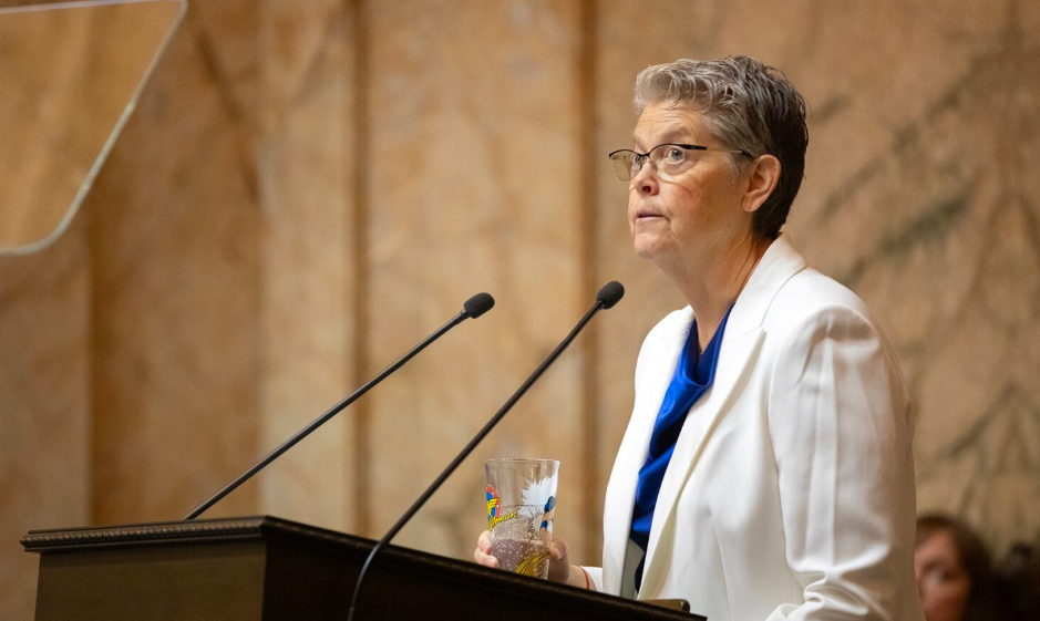 House Speaker Laurie Jinkins, seen here in the House chamber during inauguration ceremonies for Gov. Bob Ferguson on Jan. 15, says Democrats in the Legislature are trying to be proactive when it comes to responding to Trump administration policies. (Photo by Ryan Berry/Washington State Standard)