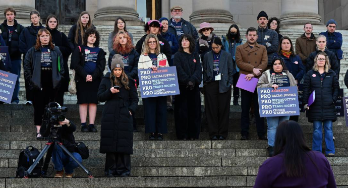 Senator Manka Dhingra, 45th District, addresses supporters to statewide abortion-access who rallied on the steps of the Legislative Building in Olympia, Wa. on Wednesday to honor the 52nd anniversary of the Roe v. Wade decision. The rally was hosted by the Pro-Choice Washington organization. Steve Bloom The Olympian 