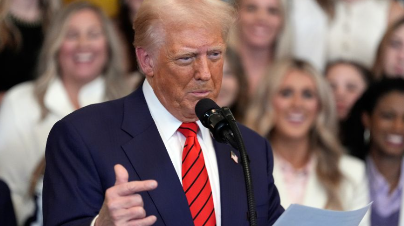 President Donald Trump speaks before signing an executive order barring transgender female athletes from competing in women's or girls' sporting events, in the East Room of the White House, Wednesday, Feb. 5, 2025, in Washington. (AP Photo/Alex Brandon)