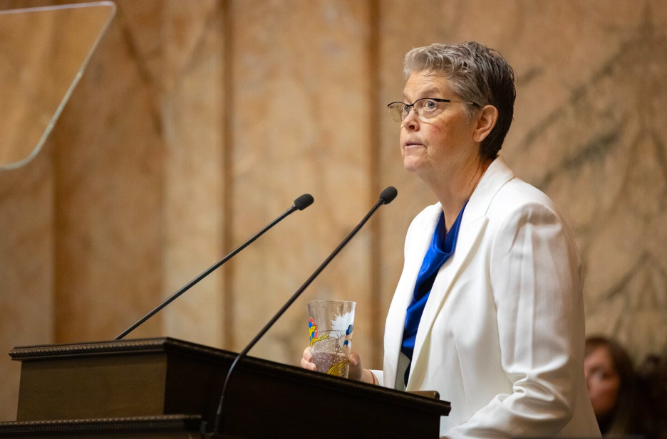 Speaker of the House Laurie Jinkins speaks during the inauguration of Gov. Bob Ferguson on Wednesday, Jan. 15, 2025, at the Washington State Capitol in Olympia, Wash. (Ryan Berry/Washington State Standard)