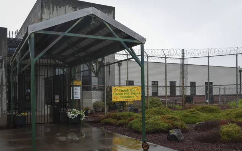 The exterior of Green Hill School in Chehalis in September. (Ivy Ceballo / The Seattle Times)