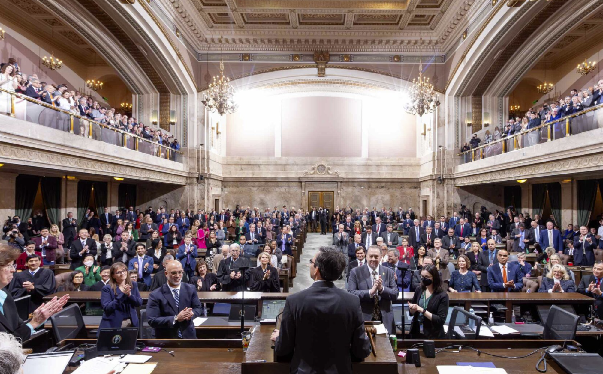 Gov. Bob Ferguson speaks to lawmakers and other officials at the state Capitol on Jan. 15, 2025, during his inaugural address. Throughout the legislative session, Ferguson indicated he would support legislation to cap rent increases, but he never voiced public support for the bill. (Photo courtesy of Legislative Support Services)