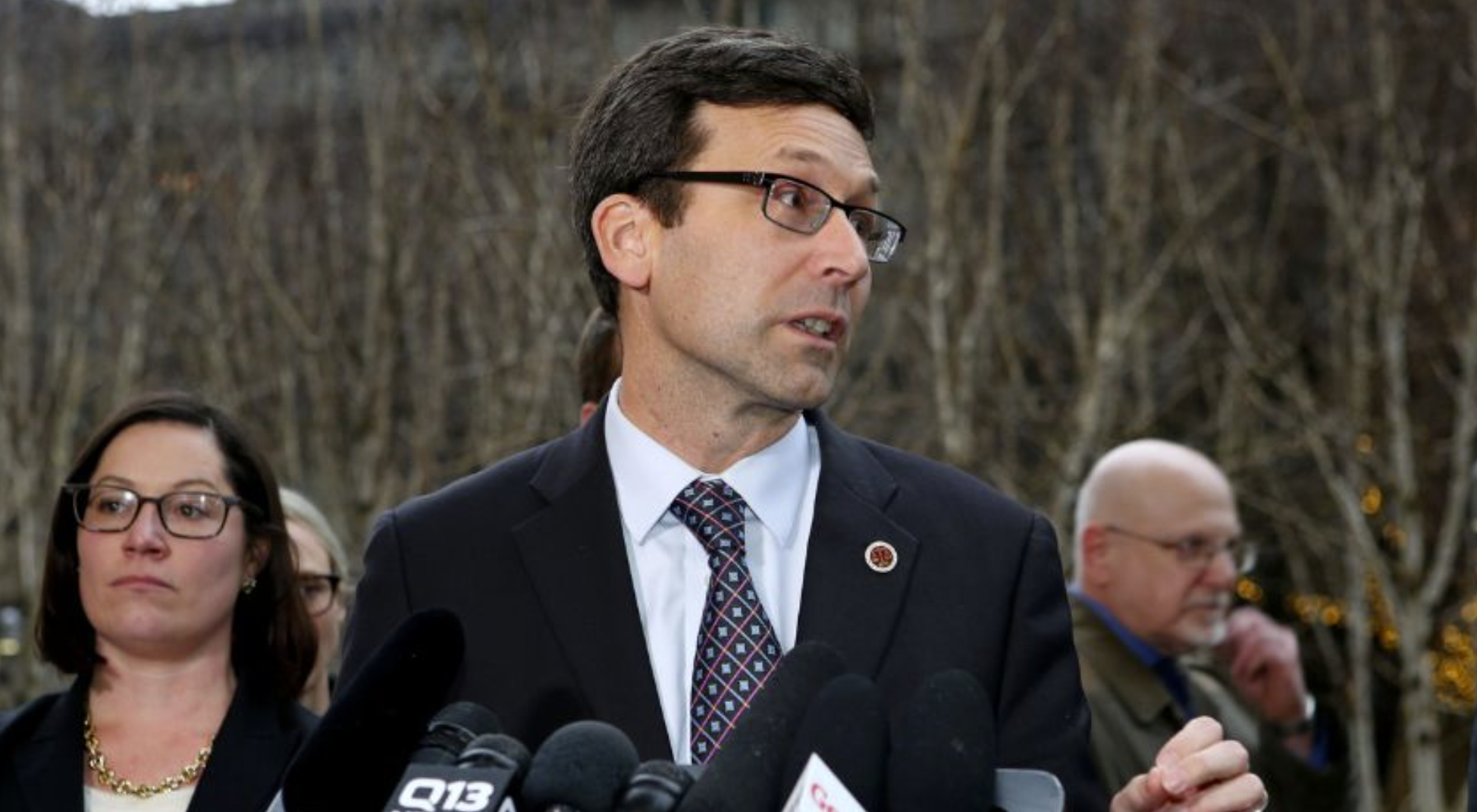 Bob Ferguson speaks at a press conference outside the Washington Capitol. (Photo courtesy of KIRO 7)