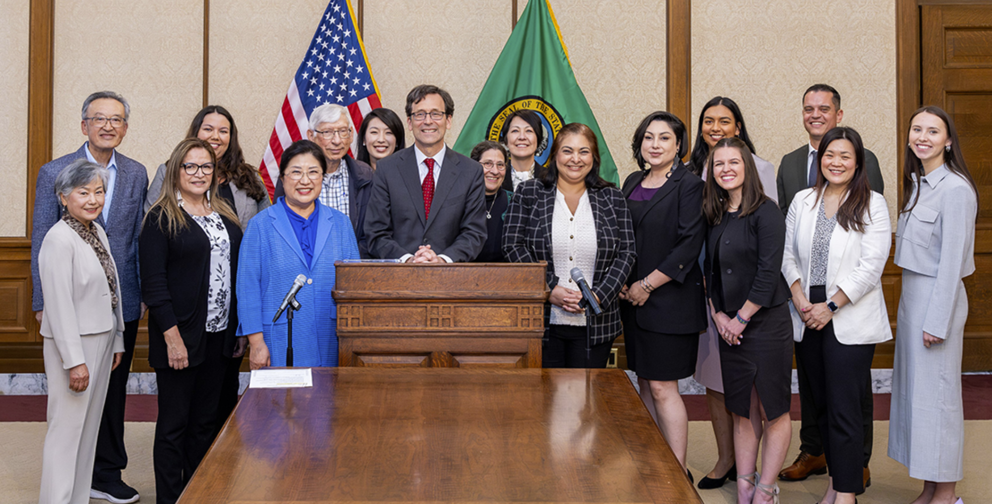 Lawmakers and state leaders gather with Gov. Bob Ferguson at the Capitol to mark the signing of HB 1052, a new law that improves hate crime accountability across Washington. (Credit: Gov. Ferguson’s Office)