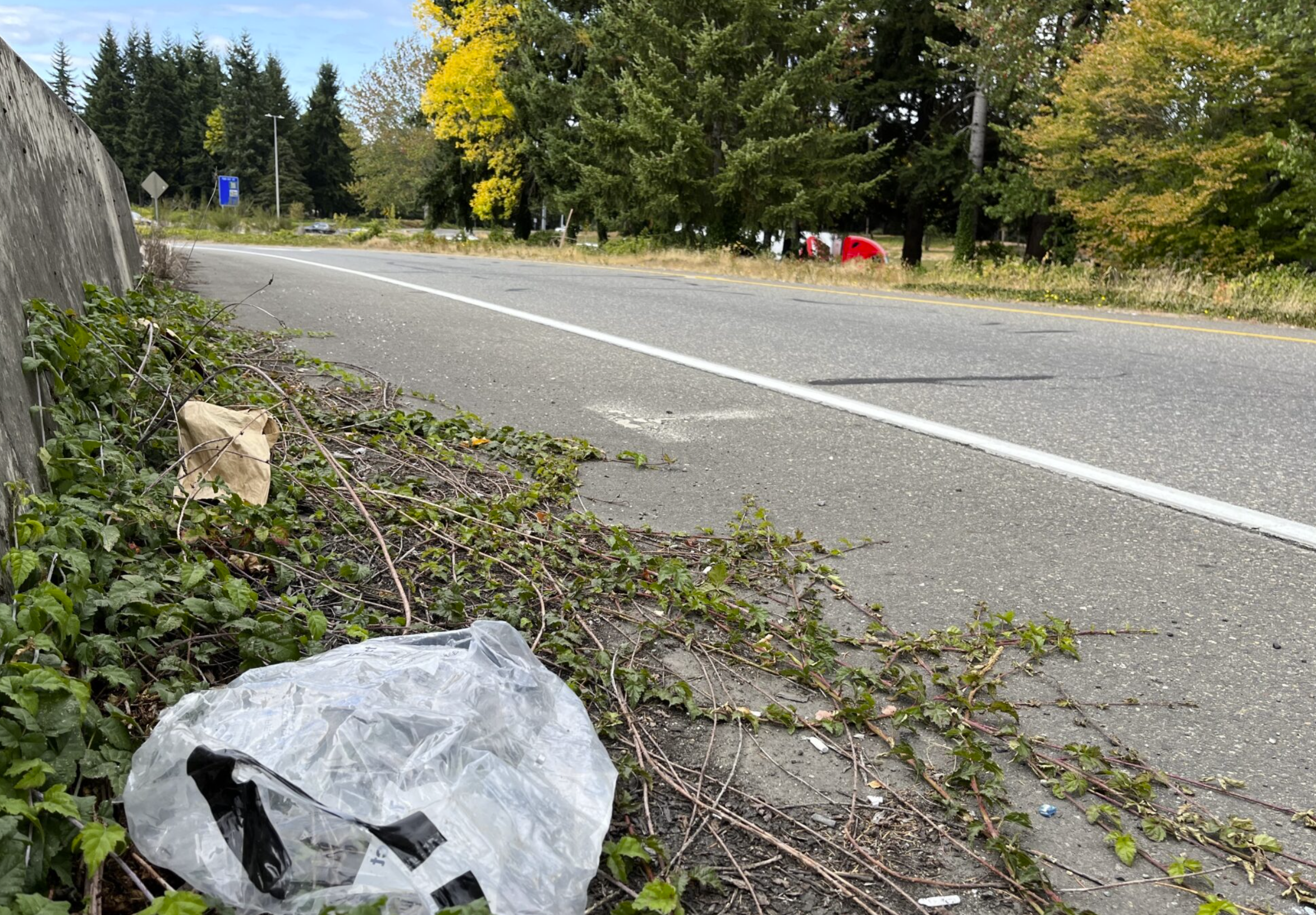 Litter is seen alongside an Interstate 5 off ramp near Lacey, Washington. (Bill Lucia/Washington State Standard)