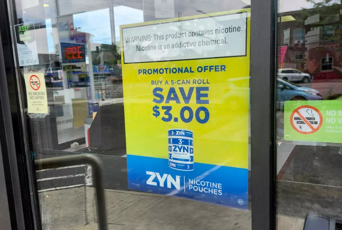 An advertisement for ZYN Nicotine Pouches was displayed at the Mobil station at Hamilton Street and Sharp Avenue near the Gonzaga University campus in June. (Amanda Sullunder/The Spokesman-Review)