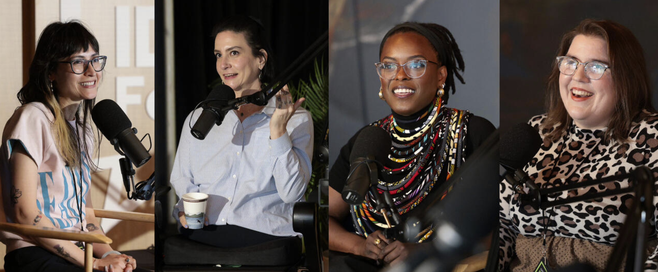 From left: Vanishing Seattle founder Cynthia Brothers; writer, musician and director Mindie Lind; Hey, Black Seattle! founder Kiesha B. Free; and “The Needling” founder and editor-in-chief Lex Vaughn in conversation with Northwest Reports podcast hosts Sara Bernard and Maleeha Syed at the Cascade PBS Ideas Festival on Saturday, May 31, 2025. (Jason Redmond for Cascade PBS)