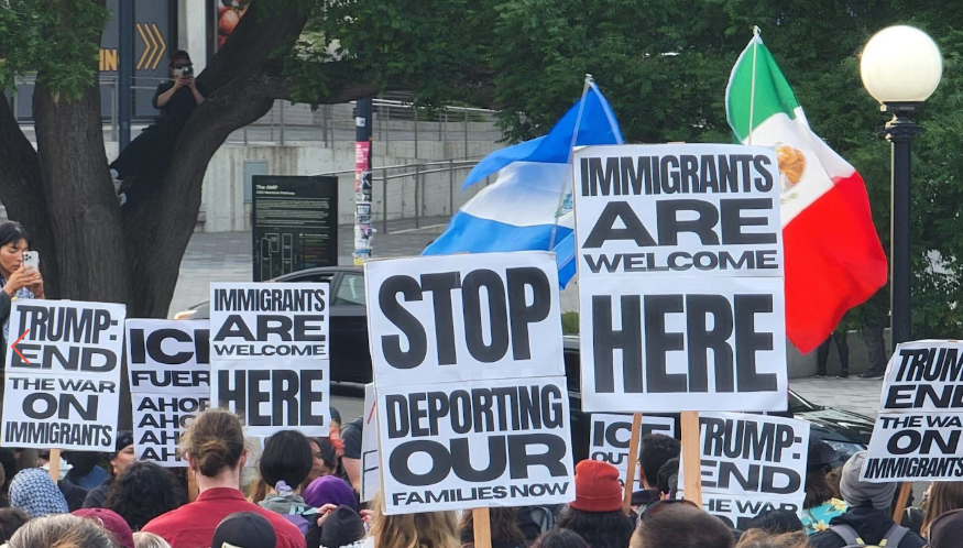 Signs at a rally in Cal Anderson Park on Wednesday, June 11, 2025.
