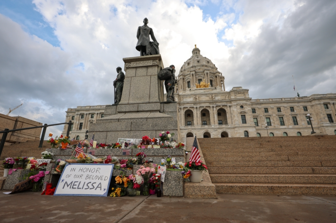 A makeshift memorial for Minnesota state Rep. Melissa Hortman and her husband, Mark Hortman, is seen at the Minnesota Capitol on June 16, 2025 in St. Paul, Minnesota.