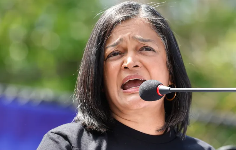 U.S. Rep. Pramila Jayapal gives an emotional speech at Cal Anderson Park in Seattle for the “No Kings” rally and march on Saturday, June 14, 2025. (Karen Ducey / The Seattle Times)