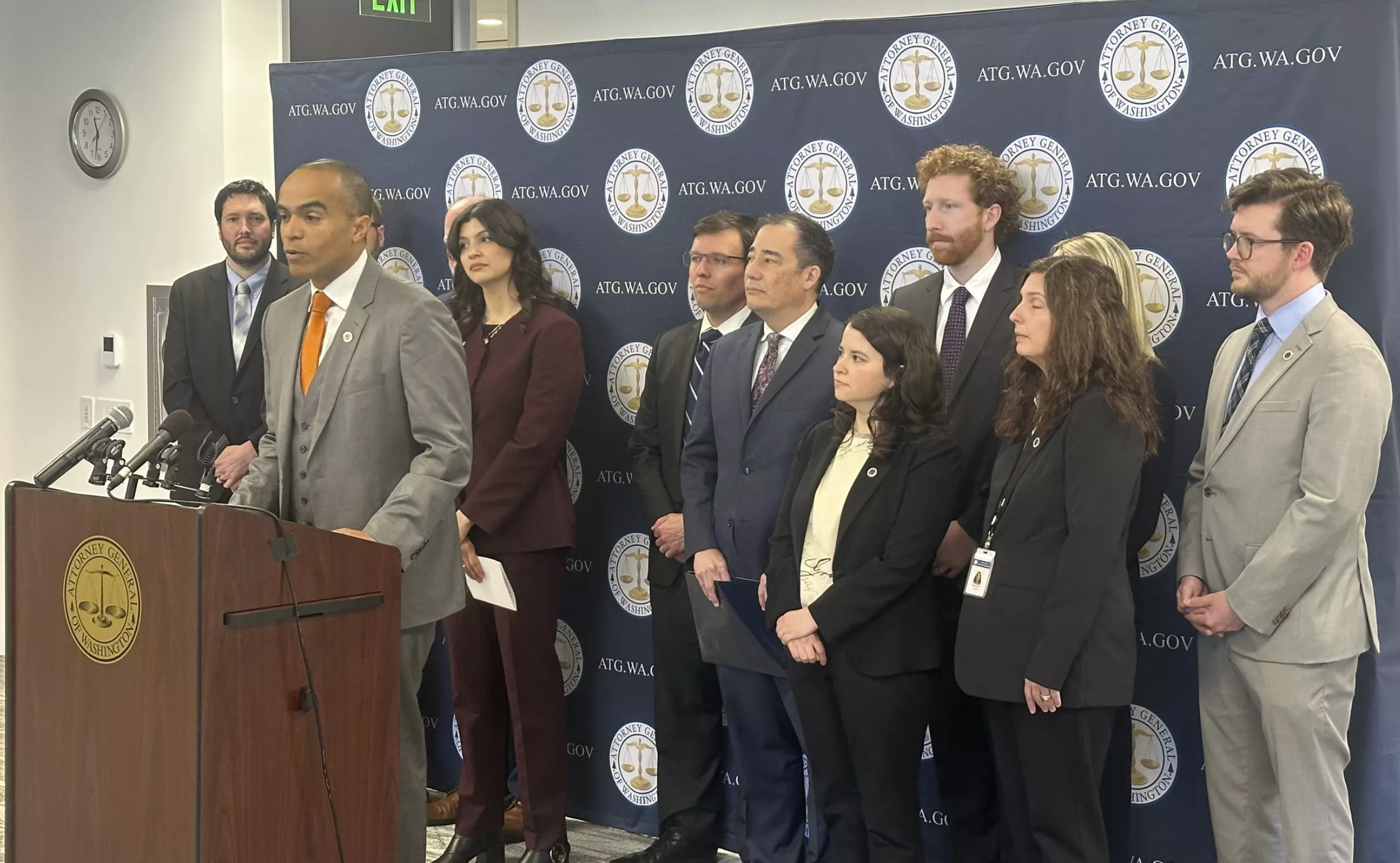 Washington Attorney General Nick Brown announces a lawsuit challenging President Donald Trump’s election executive order during a news conference April 4. (Mitchell Roland/THE SPOKESMAN-REVIEW)
