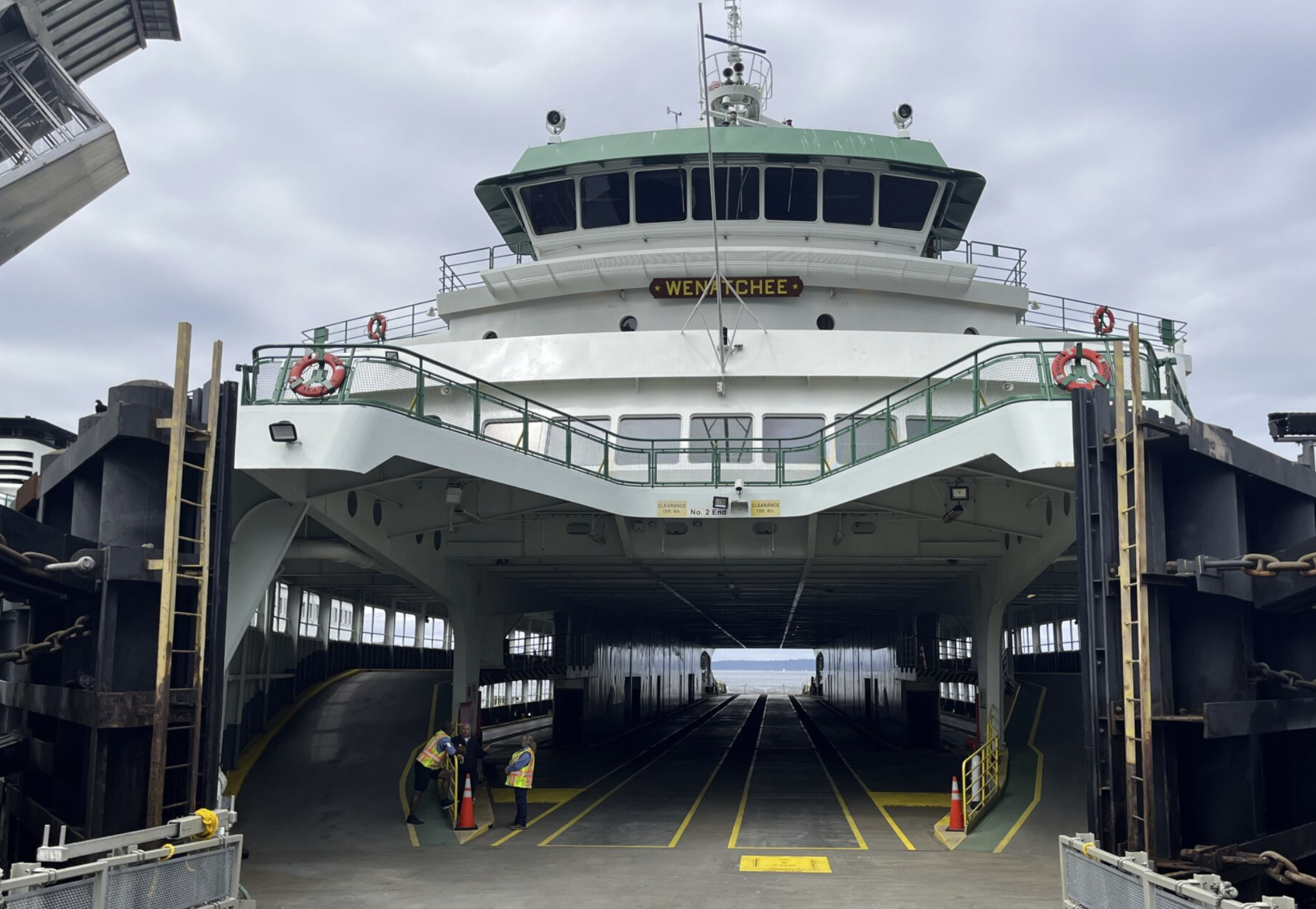 Washington’s first hybrid electric ferry is the Wenatchee. It took two years to convert the vessel and will return to service on the Seattle-Bainbridge route next week.(Photo by Tom Banse)
