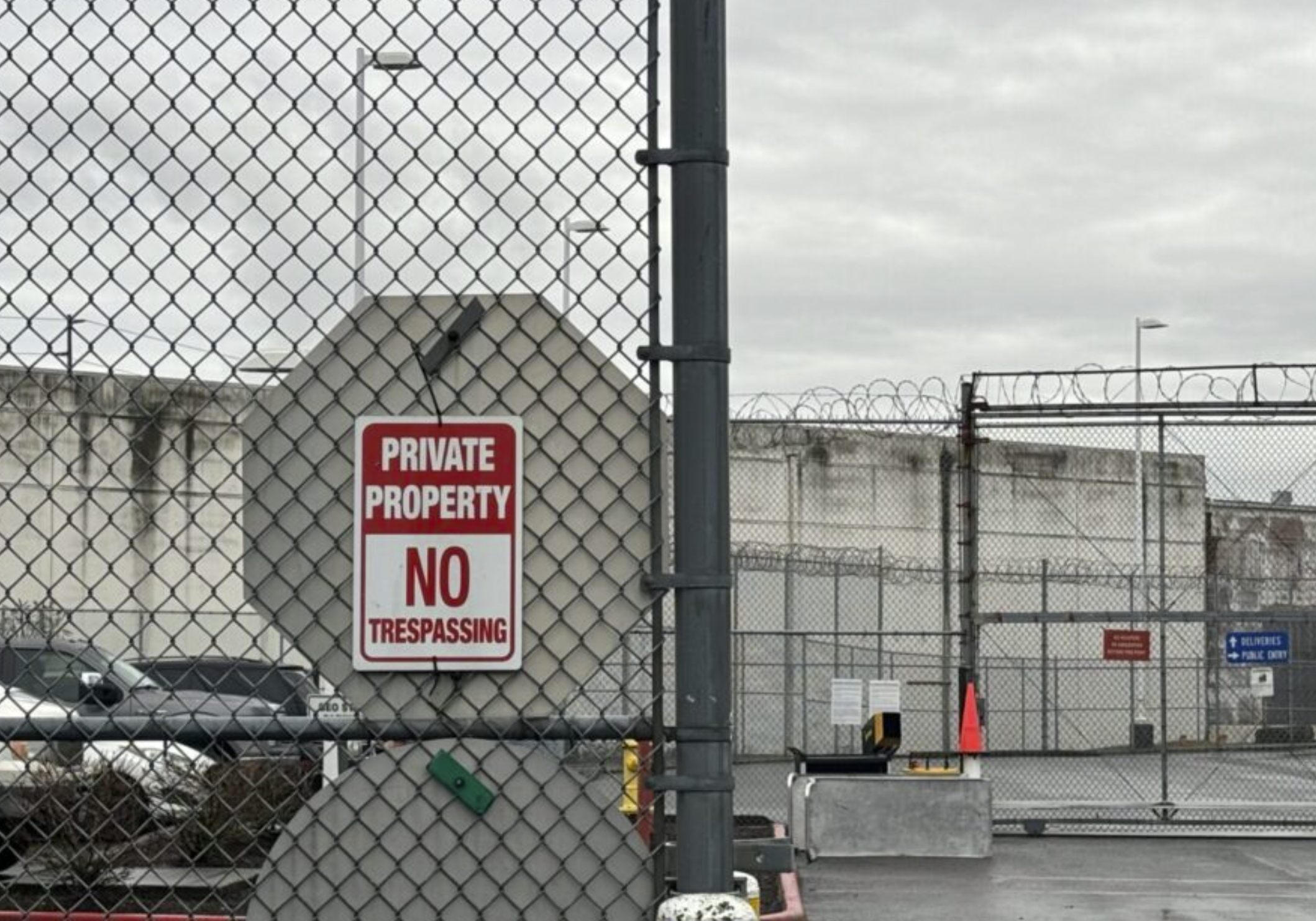 A “no trespassing” sign outside of Northwest ICE Processing Center, also known as Northwest Detention Center. (Photo by Grace Deng/Washington State Standard)