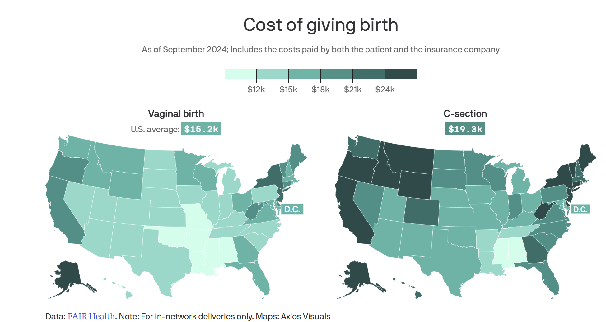 Data: FAIR Health. Note: For in-network deliveries only. Maps: Axios Visuals