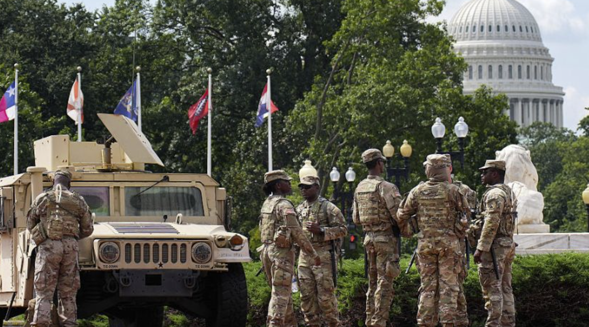 Members of the National Guard stand by at Union Station on August 14, 2025 in Washington, DC. (Photo: Kevin Dietsch, Getty Images)