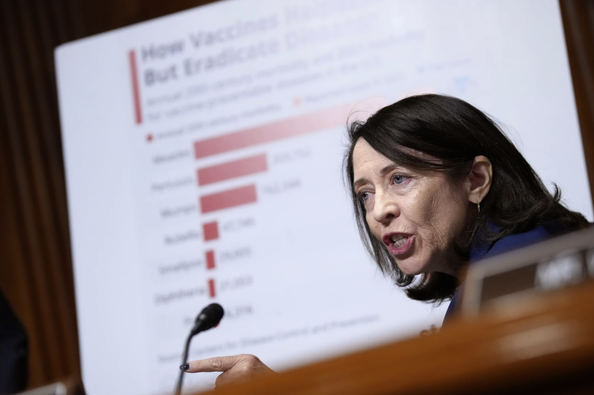 Andrew Harnik/Getty Images Sen. Maria Cantwell, D-Wash., questions Health and Human Services Secretary Robert Kennedy Jr. during a Senate Finance Committee hearing at the Dirksen Senate Office Building on Sept. 4, 2025, in Washington D.C. The committee met to hear testimony on President Trump's 2026 health care agenda.