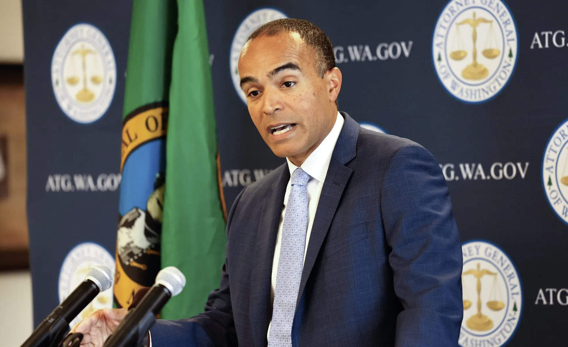 Attorney General Nick Brown says the Supreme Court decision this week represents a rollback of decades of civil rights progress. Brown spoke to the media on Wednesday in Seattle. (Karen Ducey / The Seattle Times)