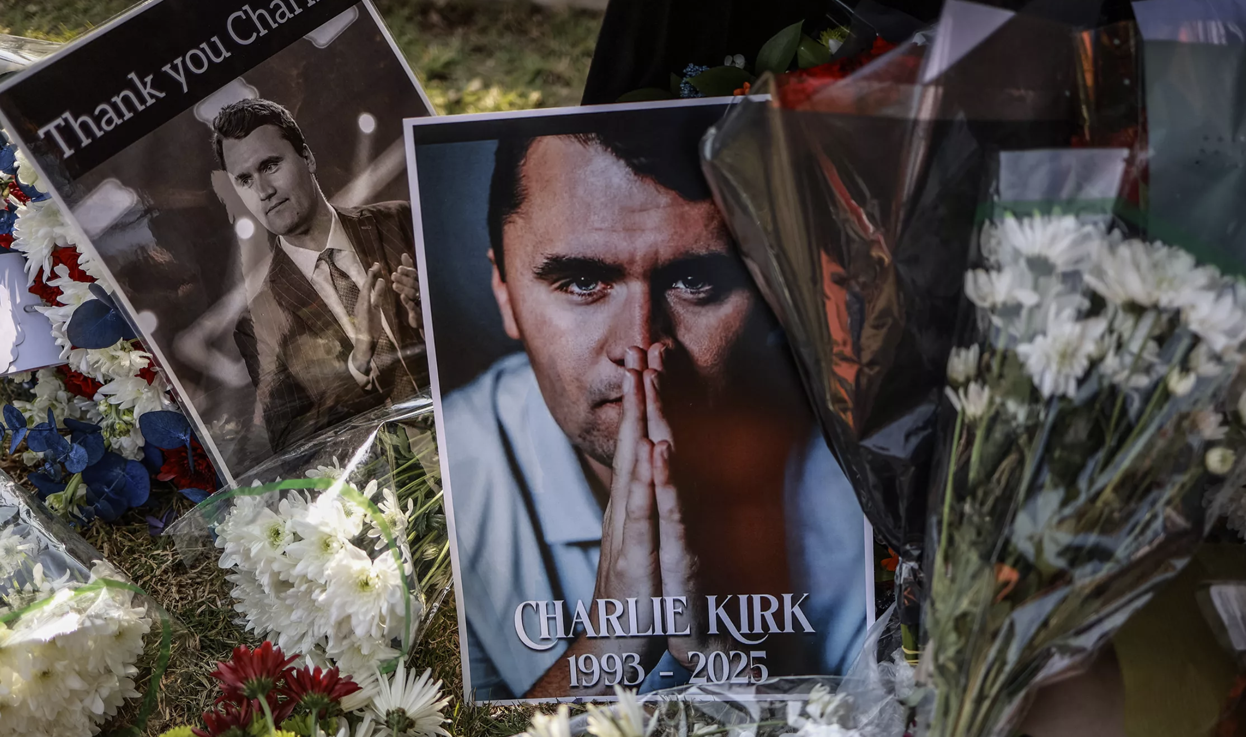 A general view of a wreath laid by mourners outside the US Embassy in Pretoria on Sept. 11, 2025, following the fatal shooting of US youth activist and influencer Charlie Kirk while speaking during an event at Utah Valley University in Orem, Utah. (Phill Magakoe/AFP/Getty Images North America/TNS)