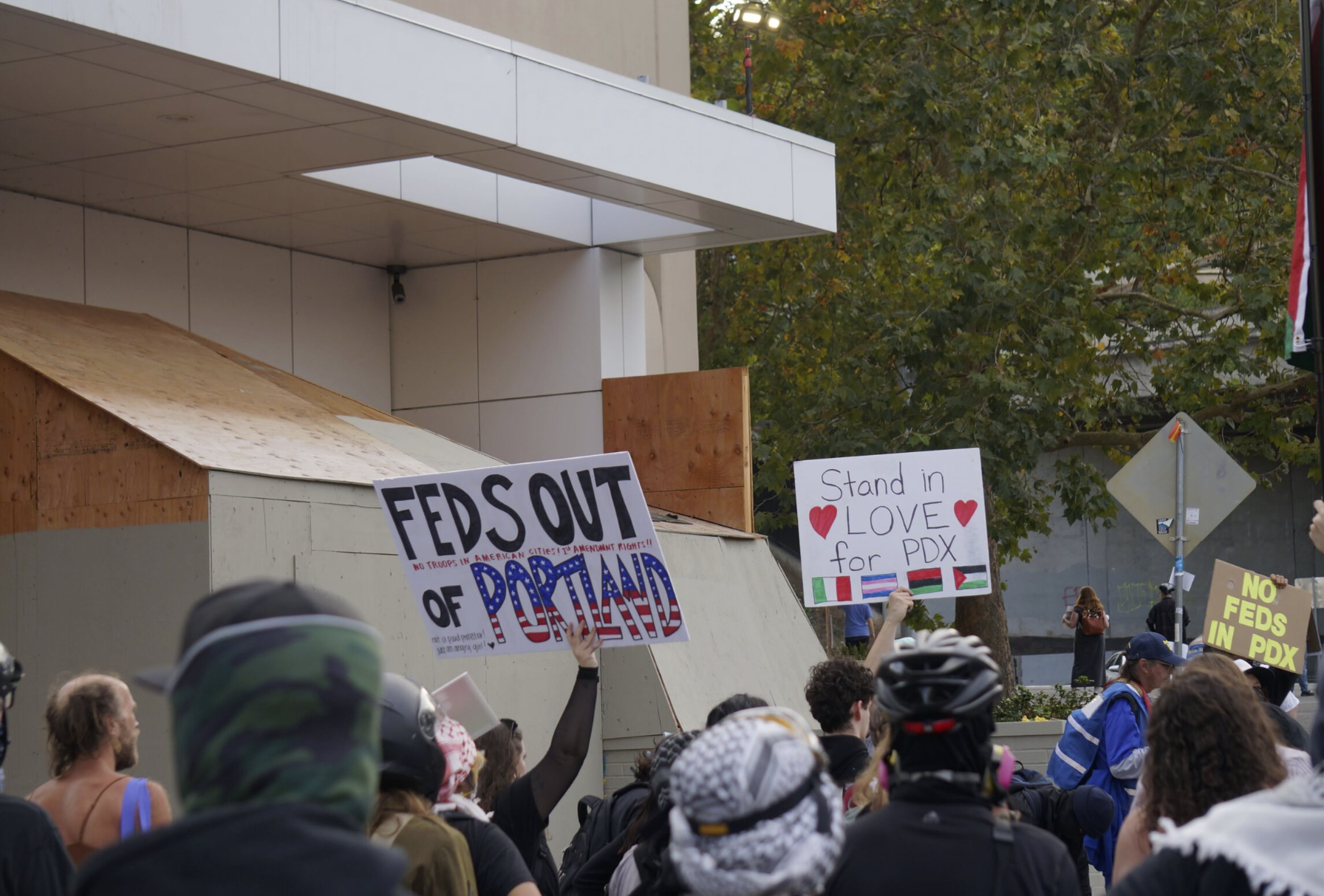About 200 people showed up to protest outside the Immigration and Customs Enforcement building in Portland on Sunday, Sept. 28. (Photo by Alex Baumhardt/Oregon Capital Chronicle)