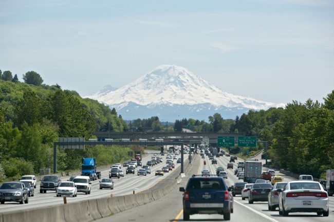 Shot of I-5 s/b with Mt Rainier in background, South Seattle