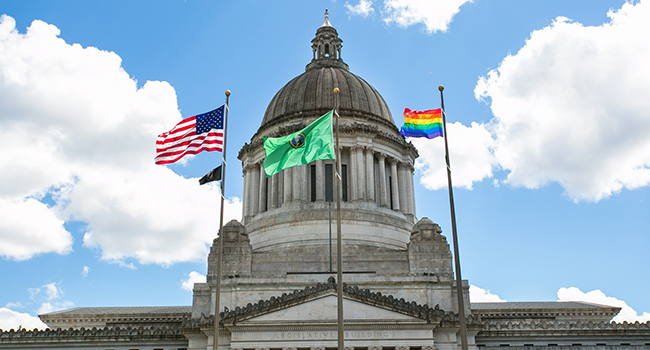 pride flag flying on the capitol campus