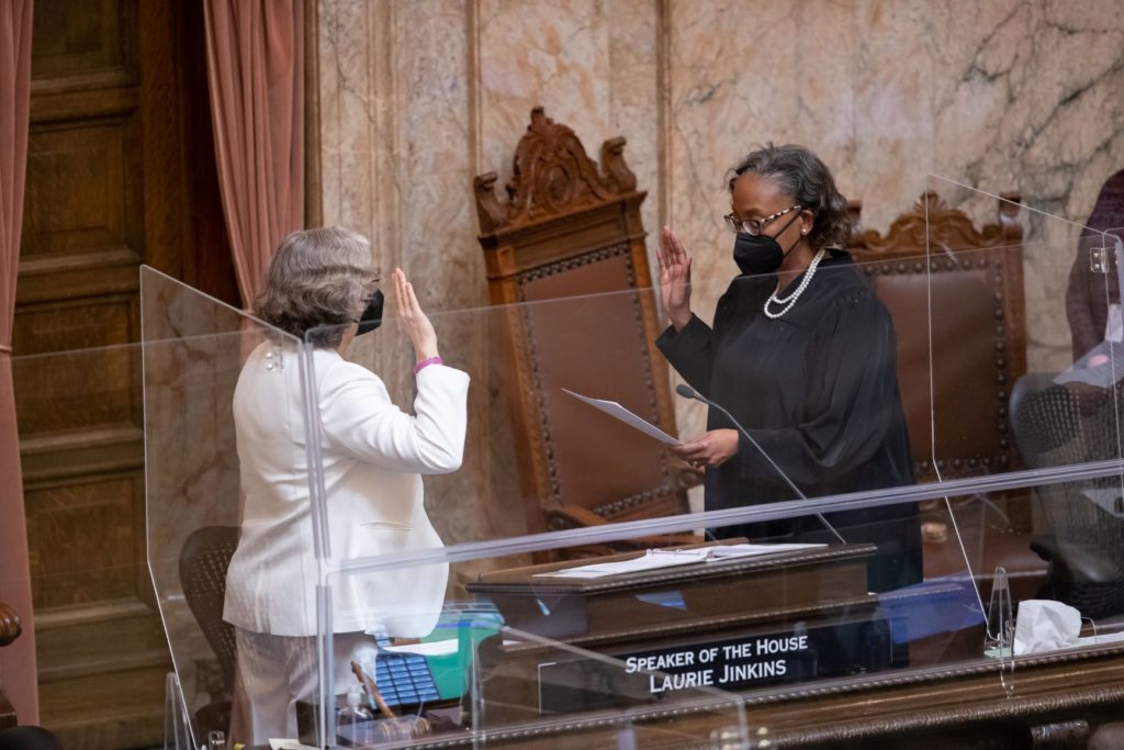 Speaker Jinkins being sworn in by WA Supreme Court Justice G. Helen WhitenerJustice 