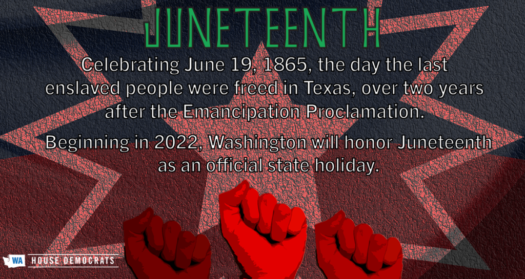 Juneteenth graphic with three raised fists and caption